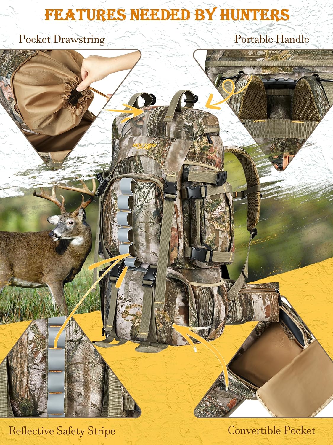 NEW VIEW 60L Hunting Backpack for Men, Large Capacity Camo Backpack, Multi-Pocket Hunting Pack with Rain Cover for Deer, Elk, Saddle - Image 2