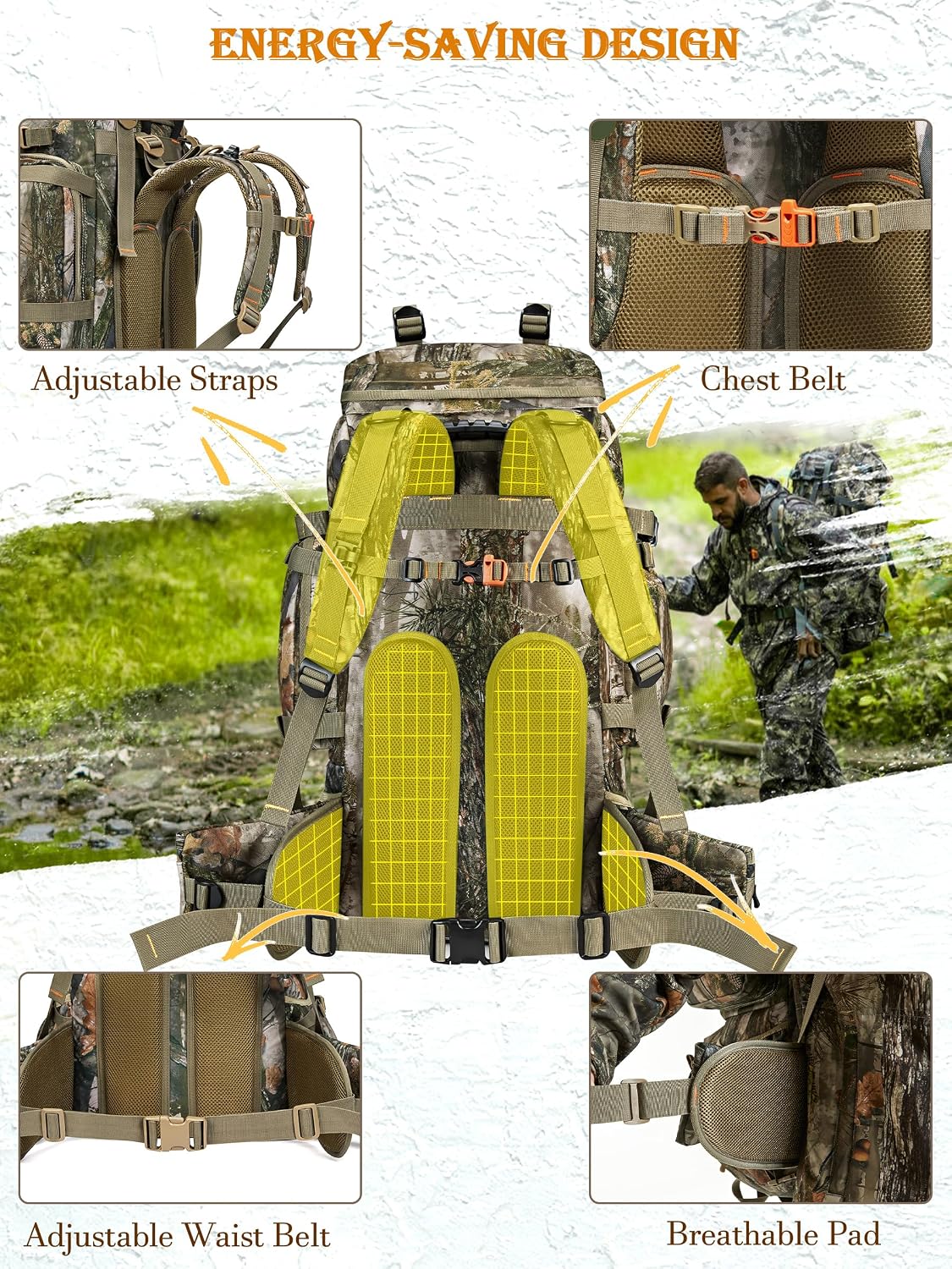NEW VIEW 60L Hunting Backpack for Men, Large Capacity Camo Backpack, Multi-Pocket Hunting Pack with Rain Cover for Deer, Elk, Saddle - Image 4