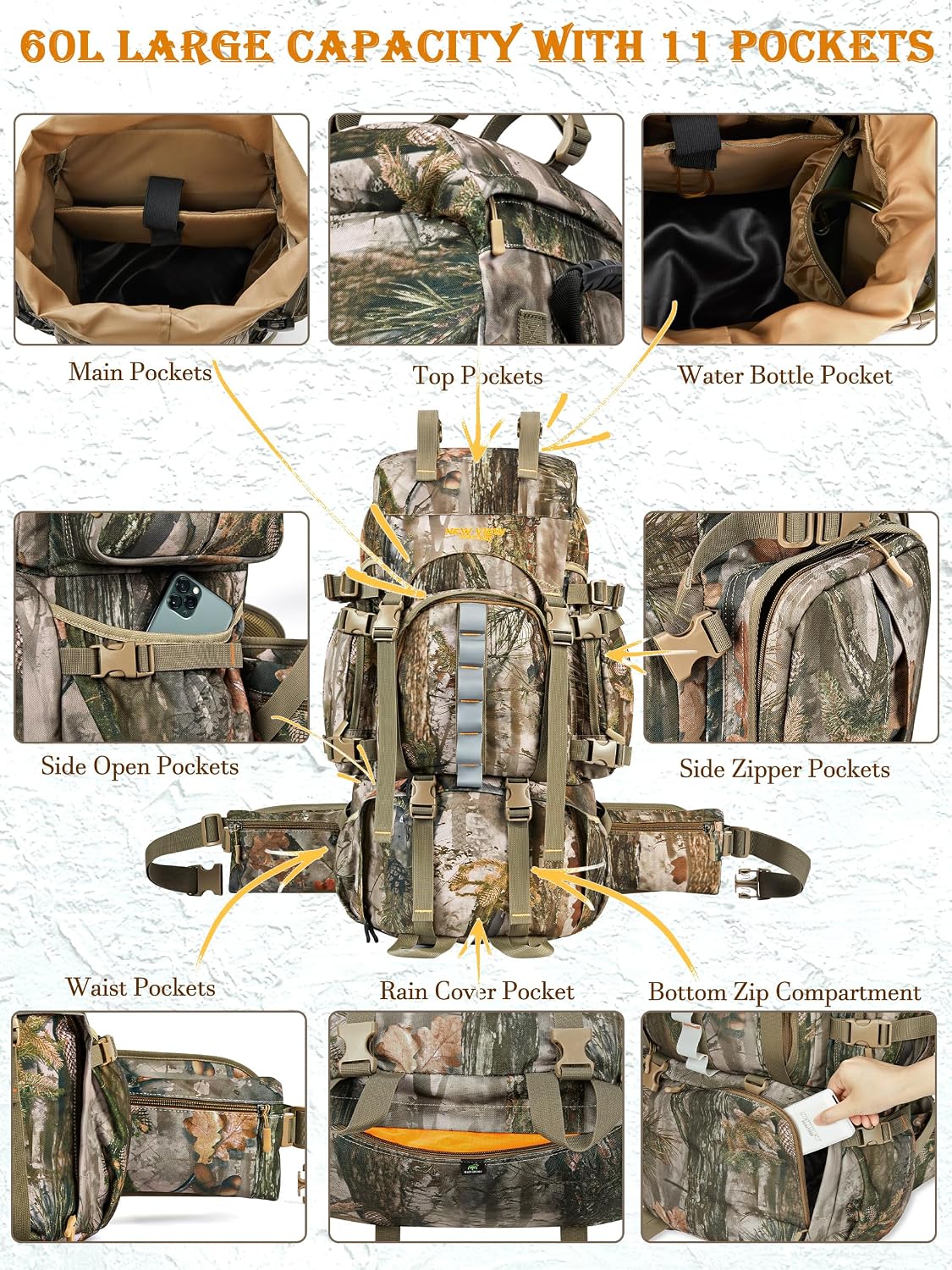 NEW VIEW 60L Hunting Backpack for Men, Large Capacity Camo Backpack, Multi-Pocket Hunting Pack with Rain Cover for Deer, Elk, Saddle - Image 5