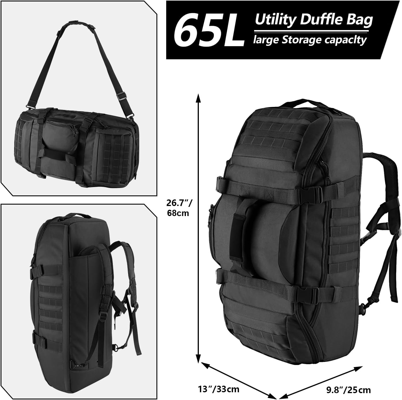 Hannibal Tactical 65L Large Duffle Bag, 3-in-1 Tactical Backpack MOLLE Pack for Sports, Gym, Outdoor, Black - Image 2
