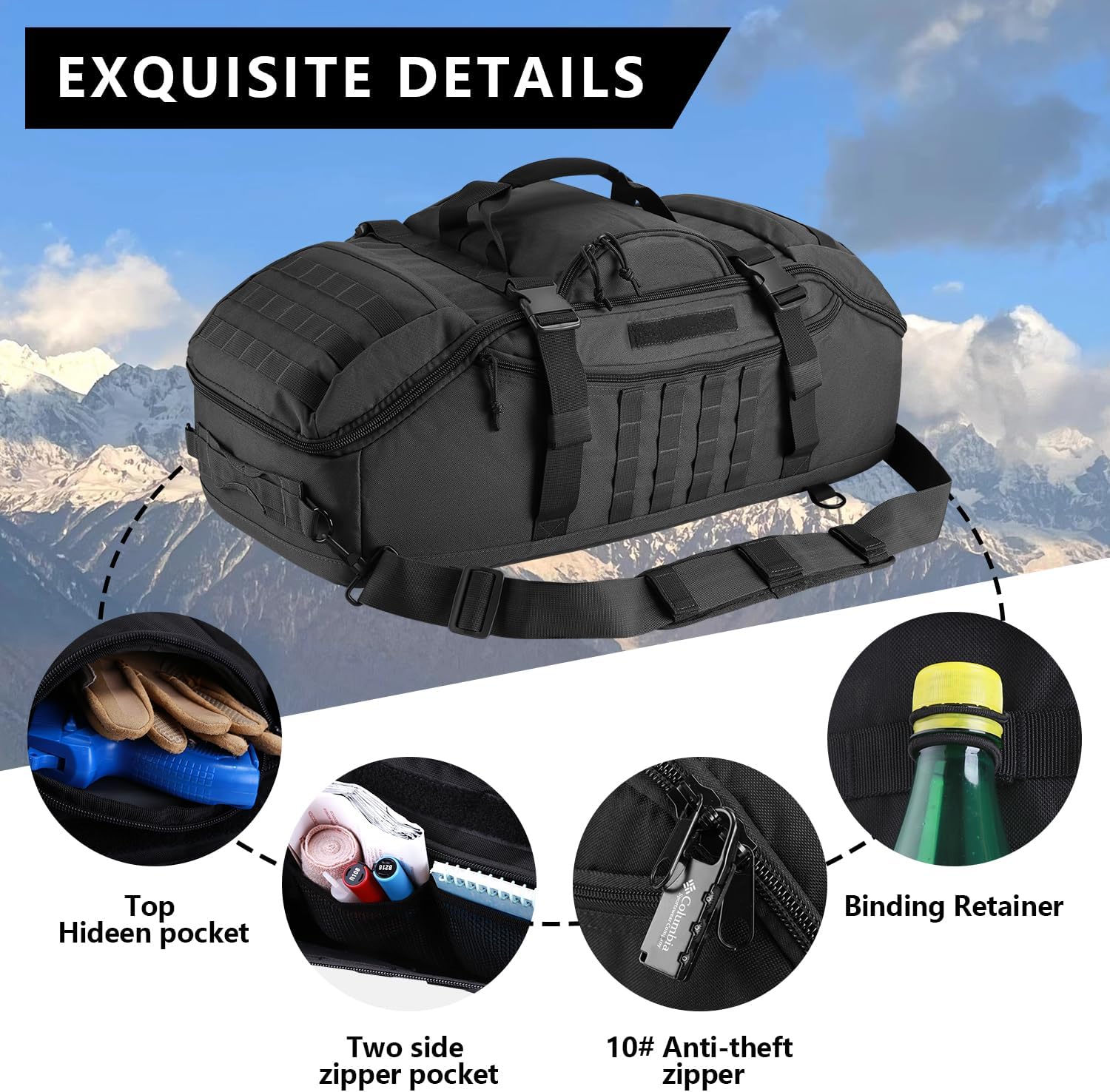 Hannibal Tactical 65L Large Duffle Bag, 3-in-1 Tactical Backpack MOLLE Pack for Sports, Gym, Outdoor, Black - Image 3