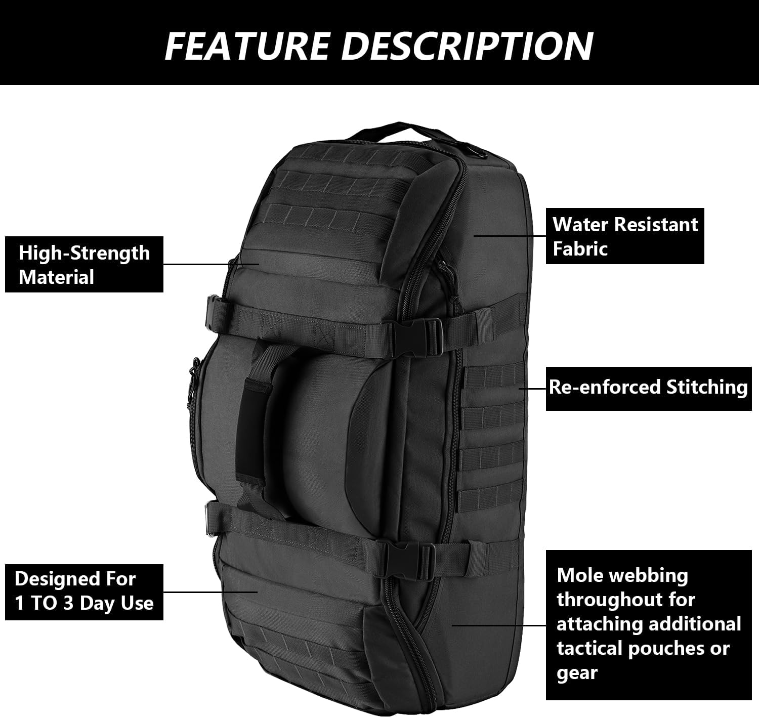Hannibal Tactical 65L Large Duffle Bag, 3-in-1 Tactical Backpack MOLLE Pack for Sports, Gym, Outdoor, Black - Image 4