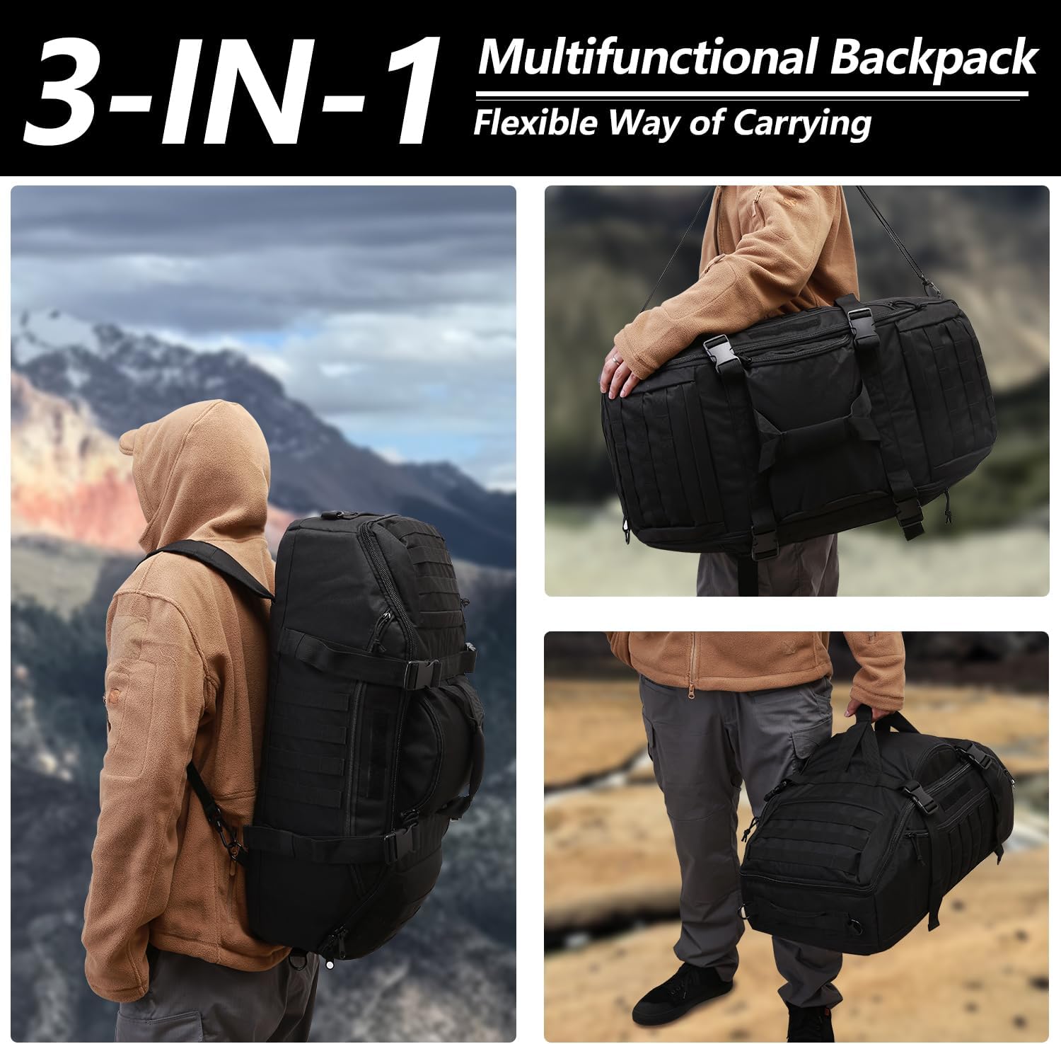 Hannibal Tactical 65L Large Duffle Bag, 3-in-1 Tactical Backpack MOLLE Pack for Sports, Gym, Outdoor, Black - Image 6